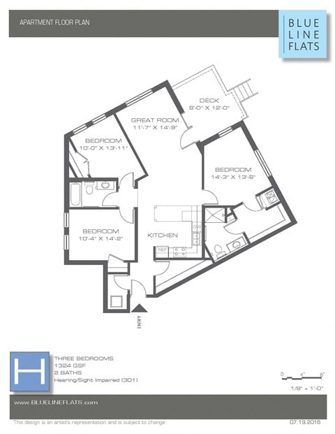 Floor plan for 3 beds, 2 baths, 1263 sqft